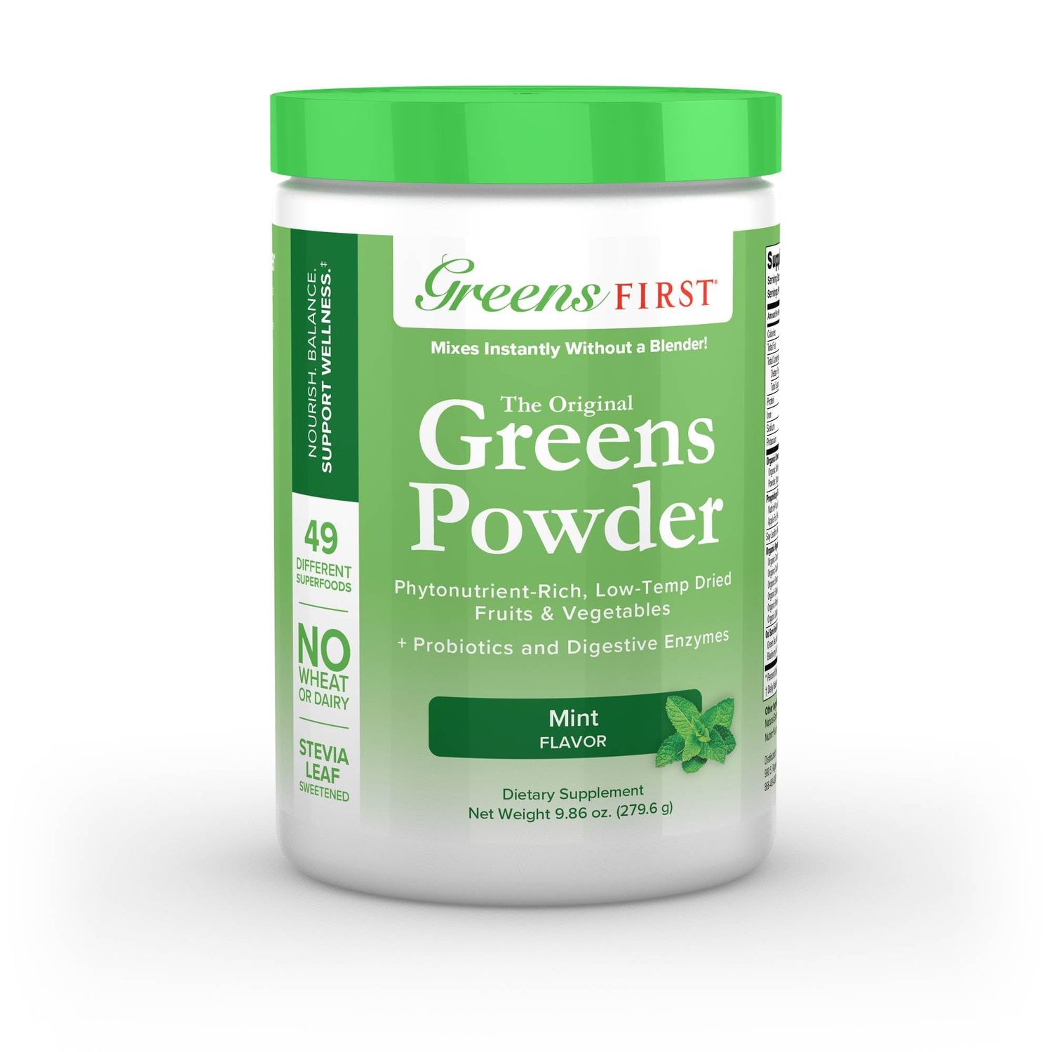 Greens First - Mint - 30 Servings - Greens Powder Superfood, 49 Superfoods, 15+ Organic Fruit &amp; Vegetables, Antioxidant Smoothie Mix Supplement, Dairy Free, Vegan &amp; Non-GMO - 9.86 oz