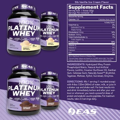 EAS 100% Platinum Whey Protein | 3 Ultra-Platinum Whey Proteins | Increase Size &amp; Strength | 25g Protein, 5.5g BCAAs | 5 Pound (Vanilla Ice Cream)