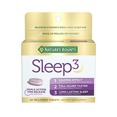 Nature&#39;s Bounty Sleep3 Melatonin 10mg, Maximum Strength 100% Drug Free Sleep Aid, Dietary Supplement, L-Theanine &amp; Nighttime Herbal Blend Time Release Technology, 60 Tri-Layered Tablets