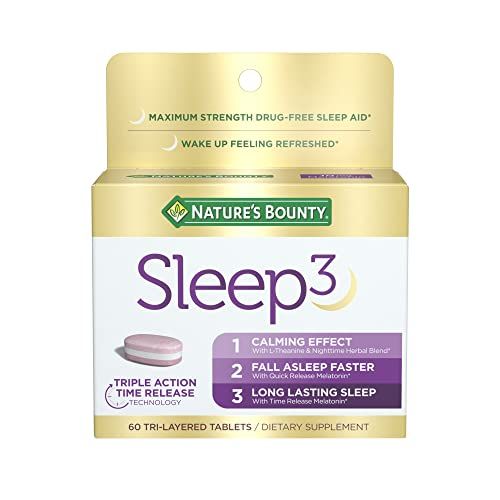 Nature&#39;s Bounty Sleep3 Melatonin 10mg, Maximum Strength 100% Drug Free Sleep Aid, Dietary Supplement, L-Theanine &amp; Nighttime Herbal Blend Time Release Technology, 60 Tri-Layered Tablets