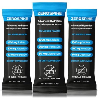 Zerospike No Sugar Electrolytes Powder Packets | Keto &amp; Fasting Salts Drink Mix | Supplements: The Key Hydration Nutrients Missing from Purified Water | Clean, Unflavored, Calorie Free | 30 Sticks