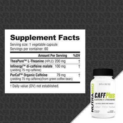 NutraBio CaffPlus, Dual Source Caffeine with Theanine for Healthy Energy Boost - 60 Vegetable Capsules