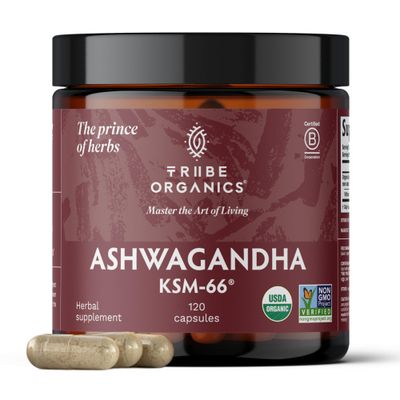 TRIBE ORGANICS Ashwagandha KSM 66 Pure Organic Root Powder Extract Ayurvedic Supplement - Focus, Mood Support, Increase Energy, Strength, 600mg of Natural KSM66 for Superior Absorption - 120 Capsules
