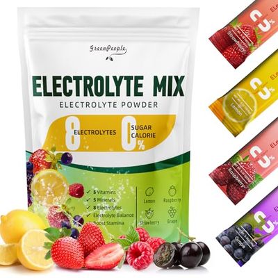GREENPEOPLE Electrolytes Powder No Sugar - Sugar Free Hydration Electrolyte Packets - Fruit Flavors Electrolyte Drink Mix - 8 Electrolytes 5 Vitamins &amp; Minerals Vegan Non-GMO 16 Sticks