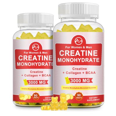 Creatine Gummy, 3g of Creatine Monohydrate per Serving, Sugar Free Creatine Monohydrate Gummy for Muscle Growth and Strength with 0.5g Collagen, 0.2g BCAA, 60 Servings, Pineapple Flavor, 2 Pack