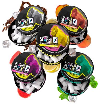 SCOOPER ENERGY I 5 cans I All-in-One-Box I Energy Pouches Sugarfree I 80 mg Natural Caffeine All Flavour Pack I 12 Pouches I Cool Grapefruit, Fresh Mint, Iced Cola, Iced Peach &amp; Lemon Tea