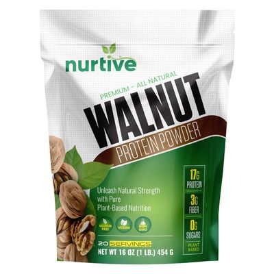 NURTIVE Walnut Protein Powder - Rich in Omega-3 &amp; Plant-Based Protein - Antioxidant Boost - Ideal for Smoothies &amp; Baking - Gluten Free, Vegan, Non GMO - 20 Servings (16 oz / 454 g)