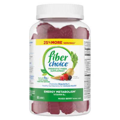 Fiber Choice 5g Plant-Based Prebiotic Fiber Gummies, Supports Energy Metabolism, Regularity &amp; Healthy Gut Bacteria, Mixed Berry, 60 Count (2 per Serving)