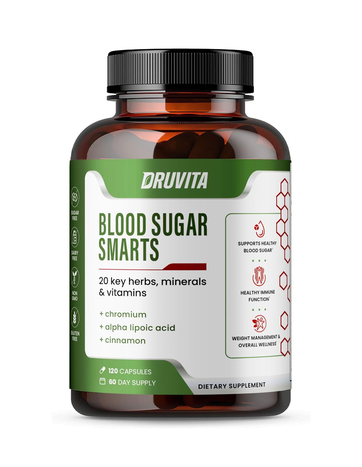 Druvita Blood Sugar Smarts - 20 Key Herbs, Minerals &amp; Vitamins - with Chromium, Alpha Lipoic Acid, Cinnamon &amp; Bitter Melon, for Men Women- Non-GMO Natural- 120 Capsules 60 Day Supply