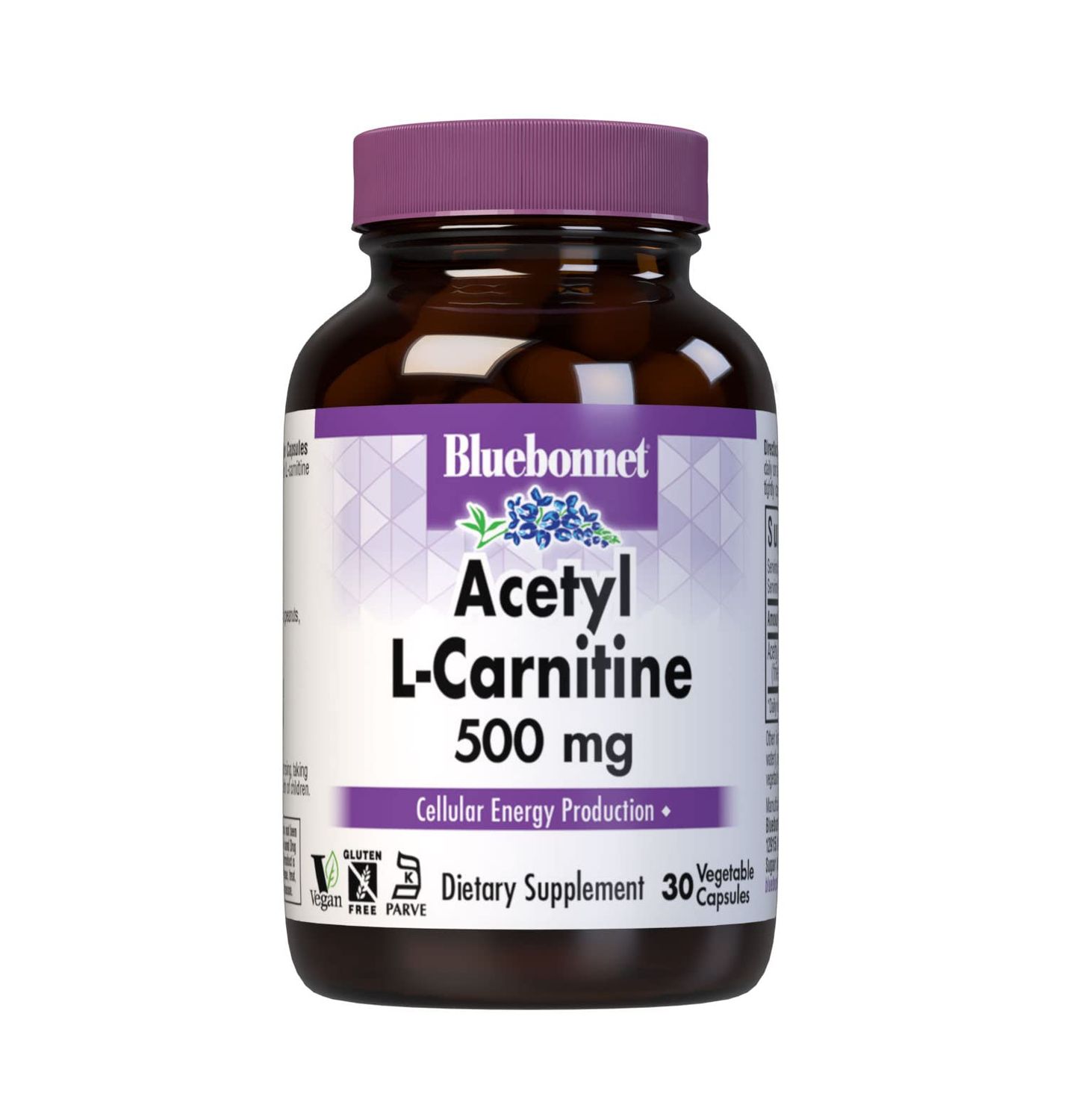 Bluebonnet Nutrition Acetyl L-Carnitine, Transports Fatty Acids, Boosts Cellular Energy, Soy &amp; Gluten-Free, Kosher Certified, Vegan, 30 Vegetable Capsules, White, 500mg