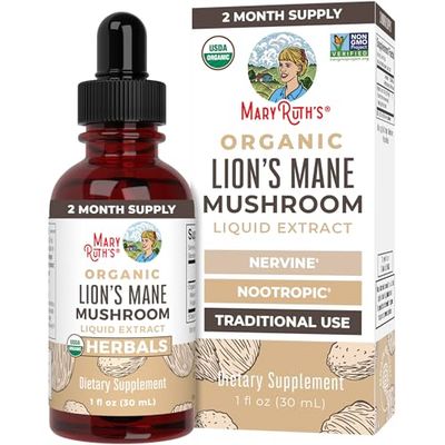 MaryRuth Organics Lions Mane Mushroom Supplement, Upto 2 Month Supply, Nootropic USDA Organic Lions Mane Extract Nervine Herbal Liquid Drops, Brain Health Non-GMO Vegan Alcohol Free Tincture, 1 Fl Oz