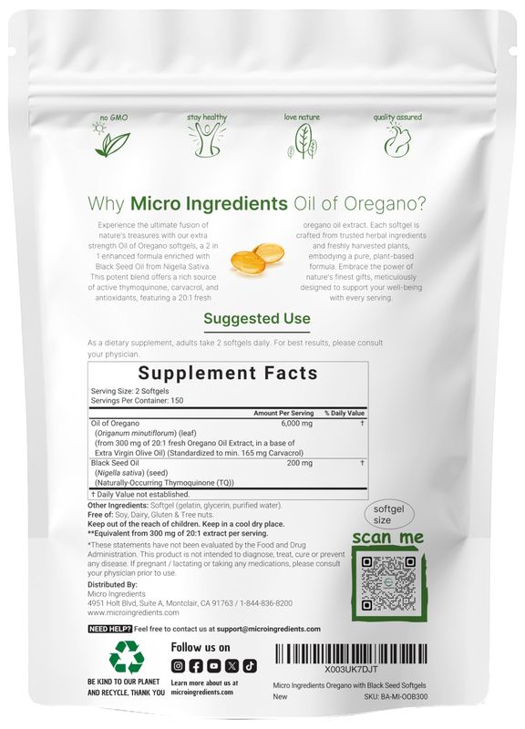Micro Ingredients Oil of Oregano Softgels 6000mg Per Serving, 300 Count | 2 in 1 Formulated with Black Seed Oil 200mg, 4X Strength Carvacrol &amp; Thymoquinone | Plant Based, Non-GMO &amp; Immune Support
