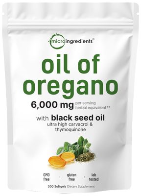 Micro Ingredients Oil of Oregano Softgels 6000mg Per Serving, 300 Count | 2 in 1 Formulated with Black Seed Oil 200mg, 4X Strength Carvacrol &amp; Thymoquinone | Plant Based, Non-GMO &amp; Immune Support