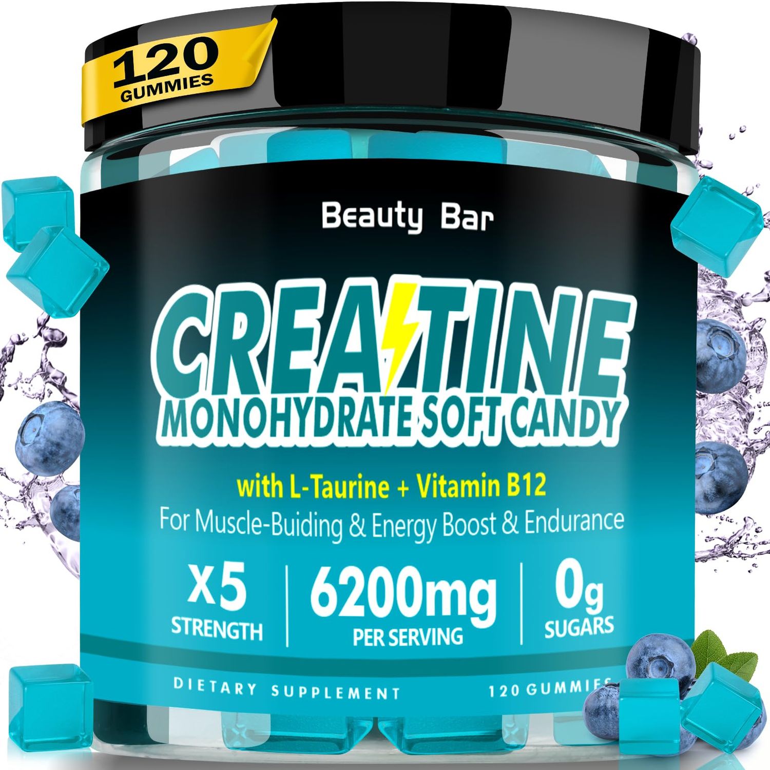 Beauty Bar Creatine Monohydrate Gummies,6200mg for Men &amp; Women-120 Gummies,Sugar Free Chewable Creatine Monohydrate for Muscle Strength,Energy Boost,Blueberry Flavor