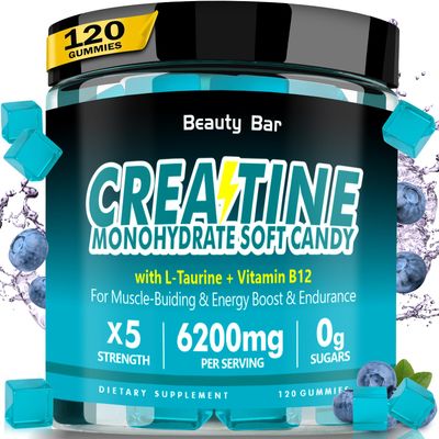 Beauty Bar Creatine Monohydrate Gummies,6200mg for Men &amp; Women-120 Gummies,Sugar Free Chewable Creatine Monohydrate for Muscle Strength,Energy Boost,Blueberry Flavor