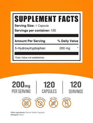 BulkSupplements.com 5-HTP Capsules - 5-Hydroxytryptophan, 5-HTP 200mg, 5 HTP Supplement - Amino Acid Supplement, Gluten Free, 1 Capsule per Serving, 120 Capsules (Pack of 1)