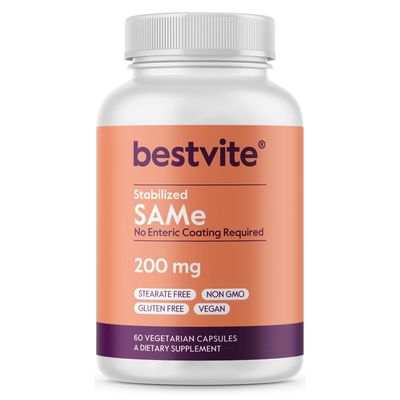BESTVITE SAM-e 200mg Stabilized (60 Vegetarian Capsules) - Easy to Swallow Capsule Form - No Enteric Coat Needed - No Titanium Dioxide - No Stearates - Vegan - Non GMO - Gluten Free
