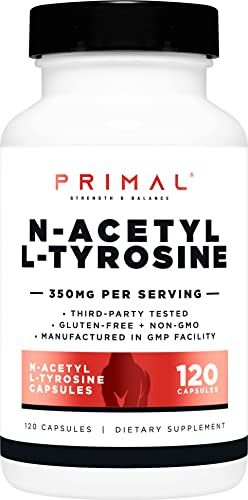 Primal N-Acetyl L-Tyrosine Capsules (120 Servings, 350mg Per Serving) (NALT) - Gluten Free, Non-GMO Amino Acid Supplement