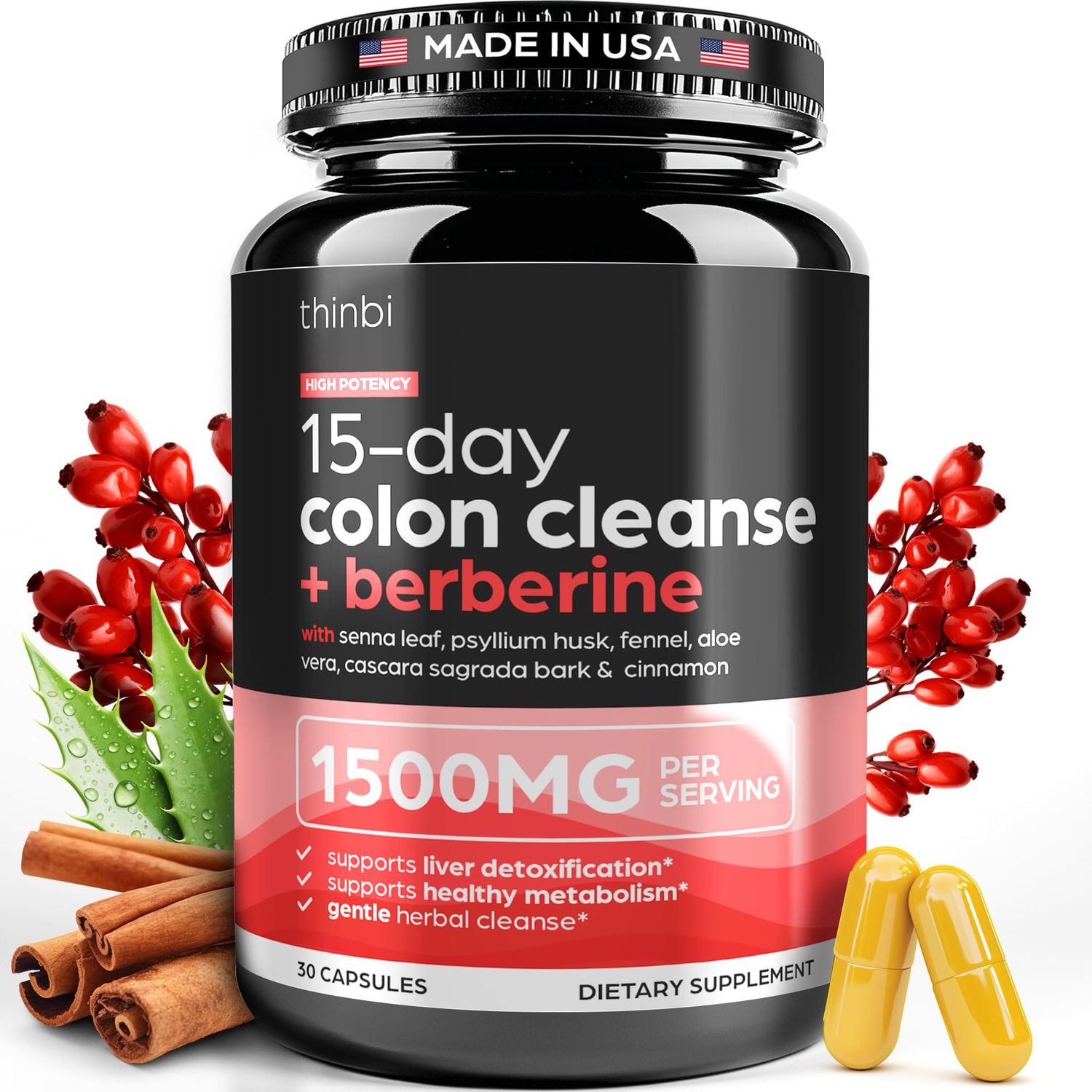 Colon Cleanse Berberine Supplement 1500mg - 15-Day Advanced Detox for Men &amp; Women - Extra Strength w/Senna Leaf, Fast-Acting Natural for Constipation, Gut Health &amp; Bloating Relief - THINBI
