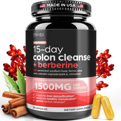 Colon Cleanse Berberine Supplement 1500mg - 15-Day Advanced Detox for Men &amp; Women - Extra Strength w/Senna Leaf, Fast-Acting Natural for Constipation, Gut Health &amp; Bloating Relief - THINBI