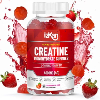 Izkan Pro Creatine Monohydrate Gummies 4000mg for Men &amp; Women - 60 Chewable Creatine Monohydrate Gummy Strawberry Flavoured | Pre Workout Gym Supplement| Keto | Vegan | (1)