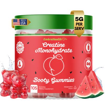 Creatine Monohydrate Booty Gummies Supplement for Women 5g, Glute Builder, Creatine Powder Alternative, Creatina Monohidratada, Gym Essentials Women - No Bloating, SugarFree, Vegan (105 Ct Watermelon)