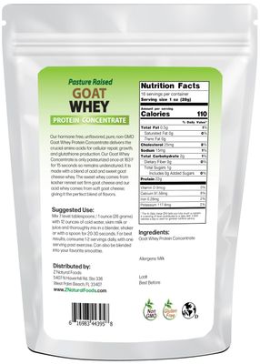 Z Natural Foods Goat Whey Protein Powder Concentrate - Undenatured, Unflavored, Pasture Raised Whey - Clean Goat Protein Powder with Vital Proteins for Weight Management, Immune Support, Fitness, 1 lb