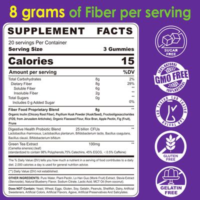 Fiber Gummies for Adults 8g (Inulin, Psyllium Husk, FOS More) with Probiotics, Green Tea Extract, Sugar Free Plant Based Fiber Supplement Blend for Digestive Health, Regularity, Non-GMO, Vegan, 120Cts