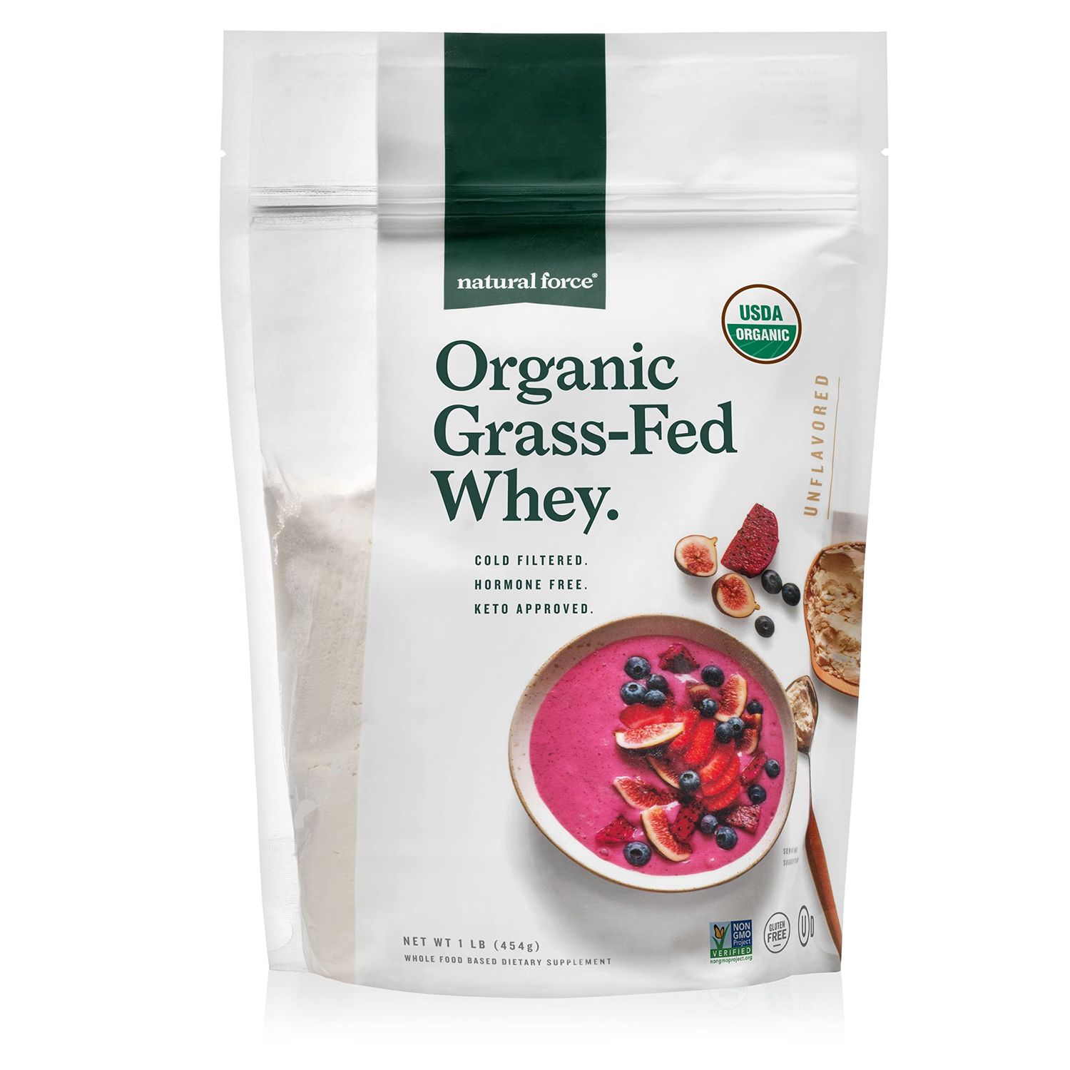 Natural Force Grass Fed Organic Whey Protein Powder - Non GMO, Keto Friendly, Low Carb, Kosher - Lab Tested for Toxins - Pure &amp; Unflavored - 16 oz.