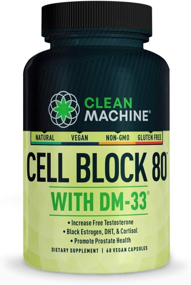 CLEAN MACHINE Cell Block 80 - Natural Vegan Testosterone Support Supplement, Estrogen, DHT &amp; Cortisol Blocker - Prostate Health Supplement with KSM66 Ashwagandha - 60 Veggie caps