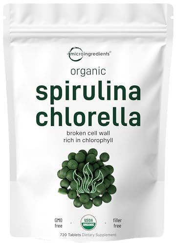 Organic Chlorella Spirulina Tablets, 3000mg Per Serving, 720 Counts, 4 Months Supply, 50/50 Blend Superfood, No Filler, No Additives, Cracked Cell Wall, Rich in Vegan Protein &amp; Chlorophyll
