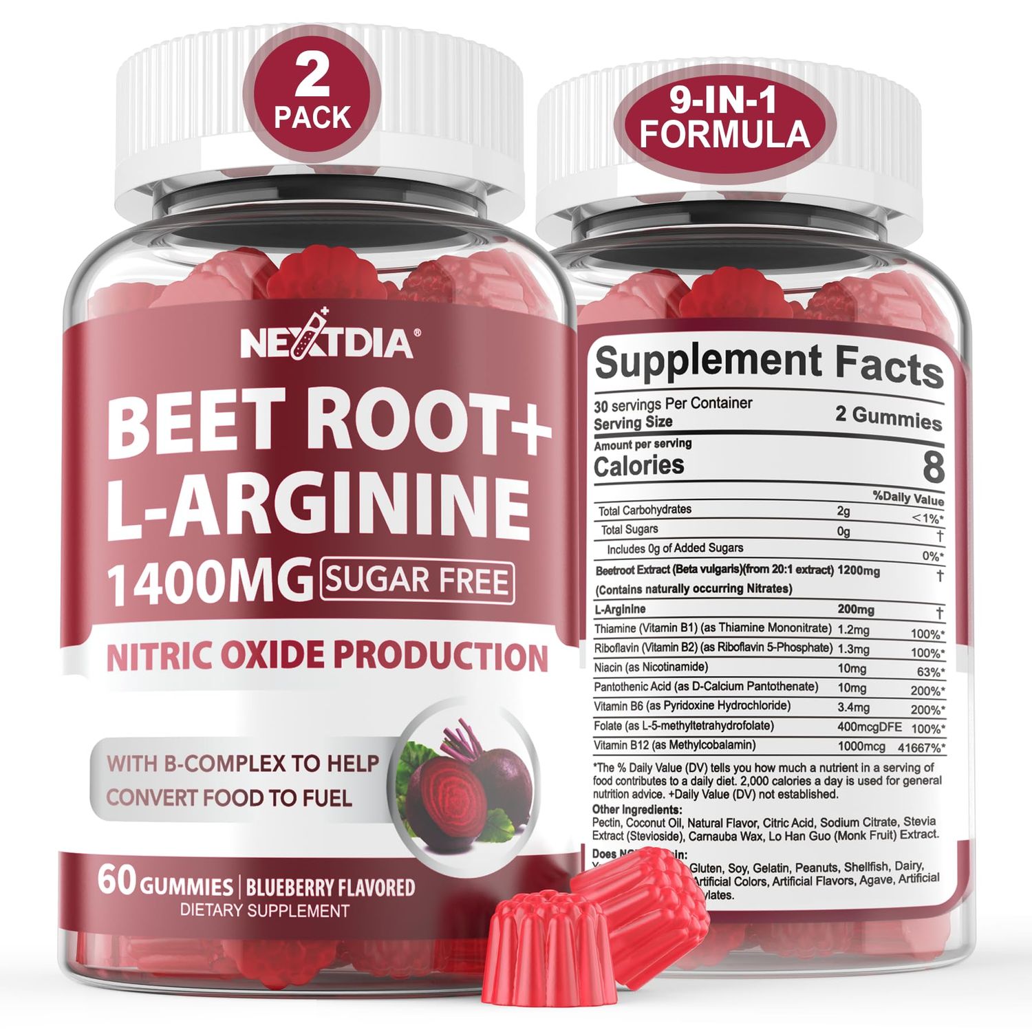 Beet Root Gummies &amp; L-Arginine 1400mg with B1, B2, B3, B5, B6, Folate &amp; B12, for Energy Boost, Blood Flow &amp; Circulation Support, Sugar Free Organic Chewable Beets Supplements, Vegan, Non-GMO, 120 Cts
