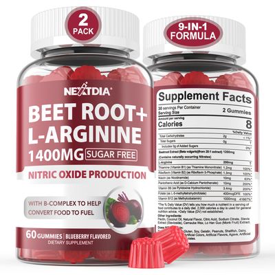Beet Root Gummies &amp; L-Arginine 1400mg with B1, B2, B3, B5, B6, Folate &amp; B12, for Energy Boost, Blood Flow &amp; Circulation Support, Sugar Free Organic Chewable Beets Supplements, Vegan, Non-GMO, 120 Cts