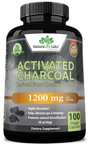 Activated Charcoal Capsules - 1,200 mg Highly Absorbent Helps Alleviate Gas &amp; Bloating Promotes Natural detoxification Derived from Coconut Shells - per Serving - 100 Vegan Capsules
