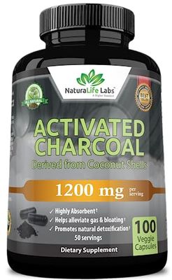 Activated Charcoal Capsules - 1,200 mg Highly Absorbent Helps Alleviate Gas &amp; Bloating Promotes Natural detoxification Derived from Coconut Shells - per Serving - 100 Vegan Capsules