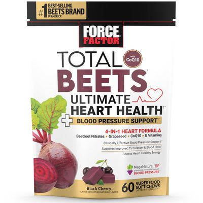FORCE FACTOR Total Beets Ultimate Heart Health Blood Pressure Support Chews with CoQ10, Beet Root Powder, Grape Seed Extract, Blood Pressure Supplement for Circulation &amp; Blood Flow, 60 Soft Chews