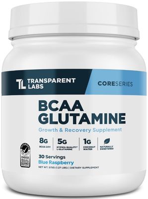 Transparent Labs BCAA Glutamine - 8000 Mg of BCAA Powder with L Glutamine for Post Workout Recovery, Muscle Growth, &amp; Increased Endurance - 30 Servings, Blue Raspberry