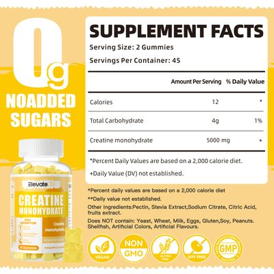 ElevateLife Creatine Monohydrate Gummies 5000mg for Men &amp; Women, Chewables Creatine Monohydrate for Muscle Strength, Muscle Builder, Energy Boost, Pre-Workout Supplement-90 Pineapple Gummies