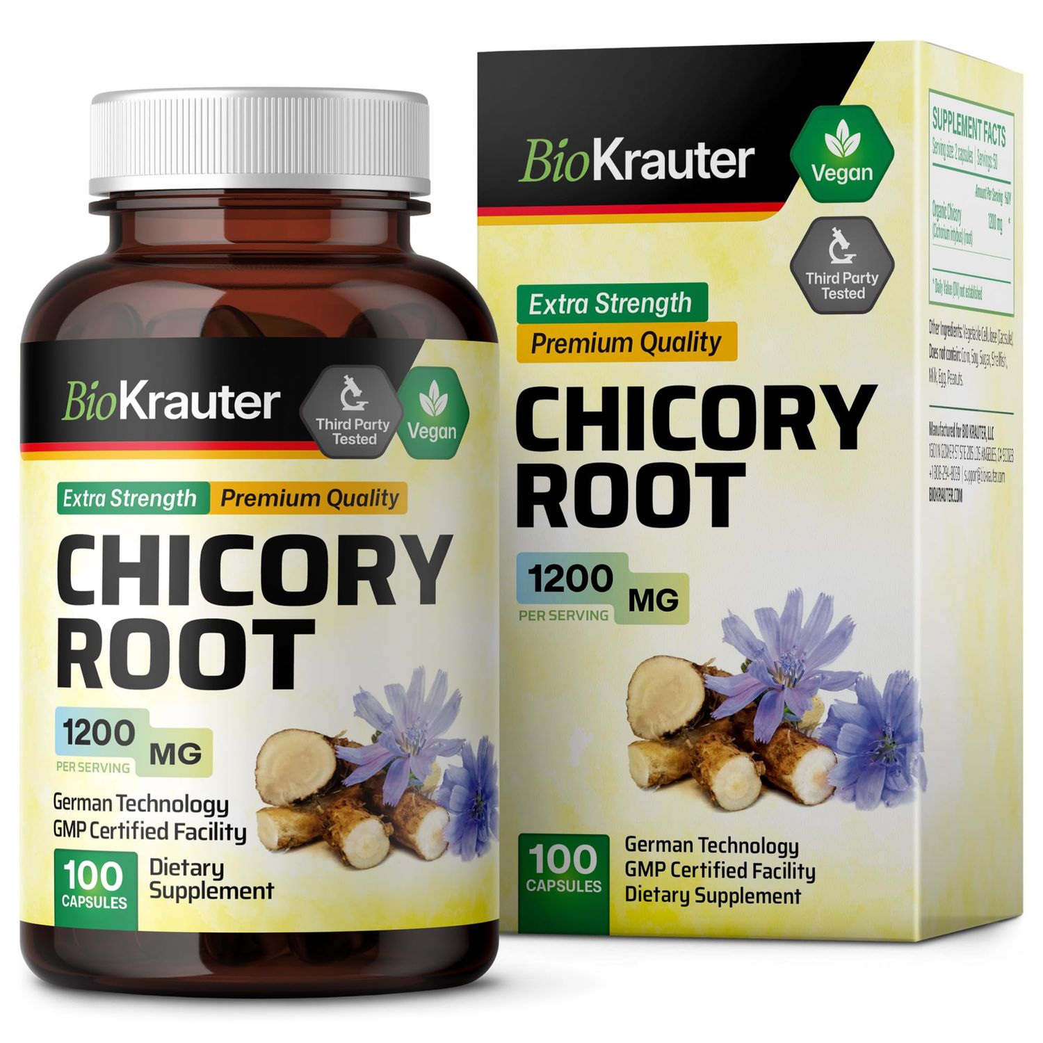 BIO KRAUTER Chicory Fiber Supplement - 1200 mg Strength - 100 Count - Chicory Root Powder - Inulin Capsules for Digestion Health Support - Vegan