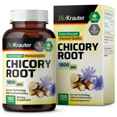 BIO KRAUTER Chicory Fiber Supplement - 1200 mg Strength - 100 Count - Chicory Root Powder - Inulin Capsules for Digestion Health Support - Vegan