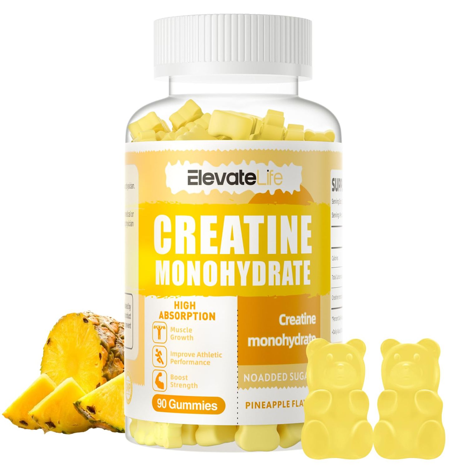 ElevateLife Creatine Monohydrate Gummies 5000mg for Men &amp; Women, Chewables Creatine Monohydrate for Muscle Strength, Muscle Builder, Energy Boost, Pre-Workout Supplement-90 Pineapple Gummies