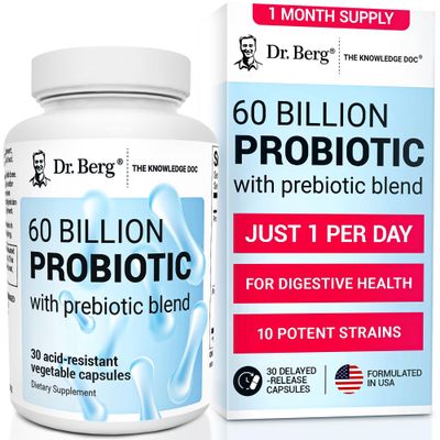 Dr. Berg 60 Billion Probiotic Supplement - Supports Occasional Constipation, Diarrhea, Gas &amp; Bloating* - Pre and Probiotics for Digestive Health - 30 Probiotic Capsules
