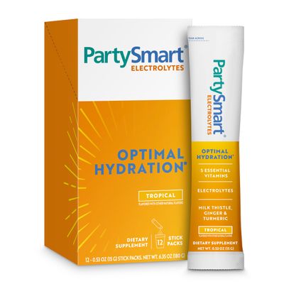 Himalaya PartySmart Tropical Electrolytes Powder Packets, 12 Count, Supports Hydration, Rehydrate with Sodium &amp; Potassium, Vitamin C &amp; More, Antioxidant Recovery Blend Milk Thistle, Ginger &amp; Turmeric