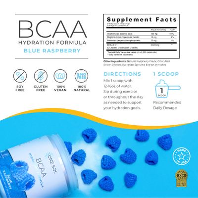 One Sol BCAA &amp; Electrolyte Powder for Hydration &amp; Energy, All-Natural Formula, 100% Vegan, Non-GMO, Gluten Free &amp; Soy-Free, Promotes Muscle Growth &amp; Recovery, Natural Blue Raspberry Flavor