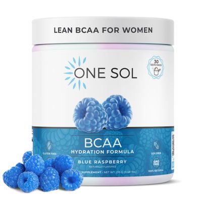 One Sol BCAA &amp; Electrolyte Powder for Hydration &amp; Energy, All-Natural Formula, 100% Vegan, Non-GMO, Gluten Free &amp; Soy-Free, Promotes Muscle Growth &amp; Recovery, Natural Blue Raspberry Flavor