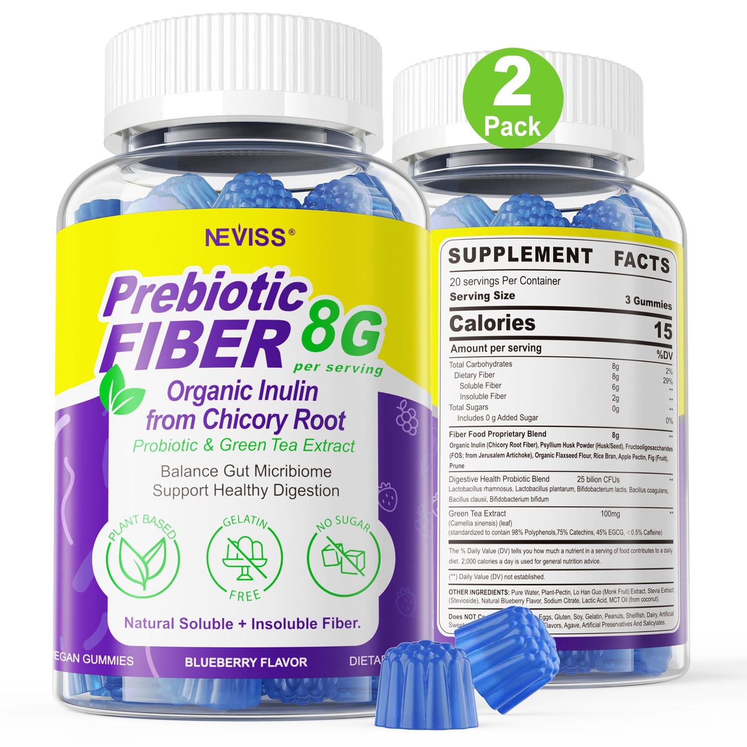 Fiber Gummies for Adults 8g (Inulin, Psyllium Husk, FOS More) with Probiotics, Green Tea Extract, Sugar Free Plant Based Fiber Supplement Blend for Digestive Health, Regularity, Non-GMO, Vegan, 120Cts