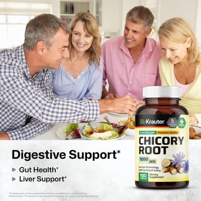 BIO KRAUTER Chicory Fiber Supplement - 1200 mg Strength - 100 Count - Chicory Root Powder - Inulin Capsules for Digestion Health Support - Vegan