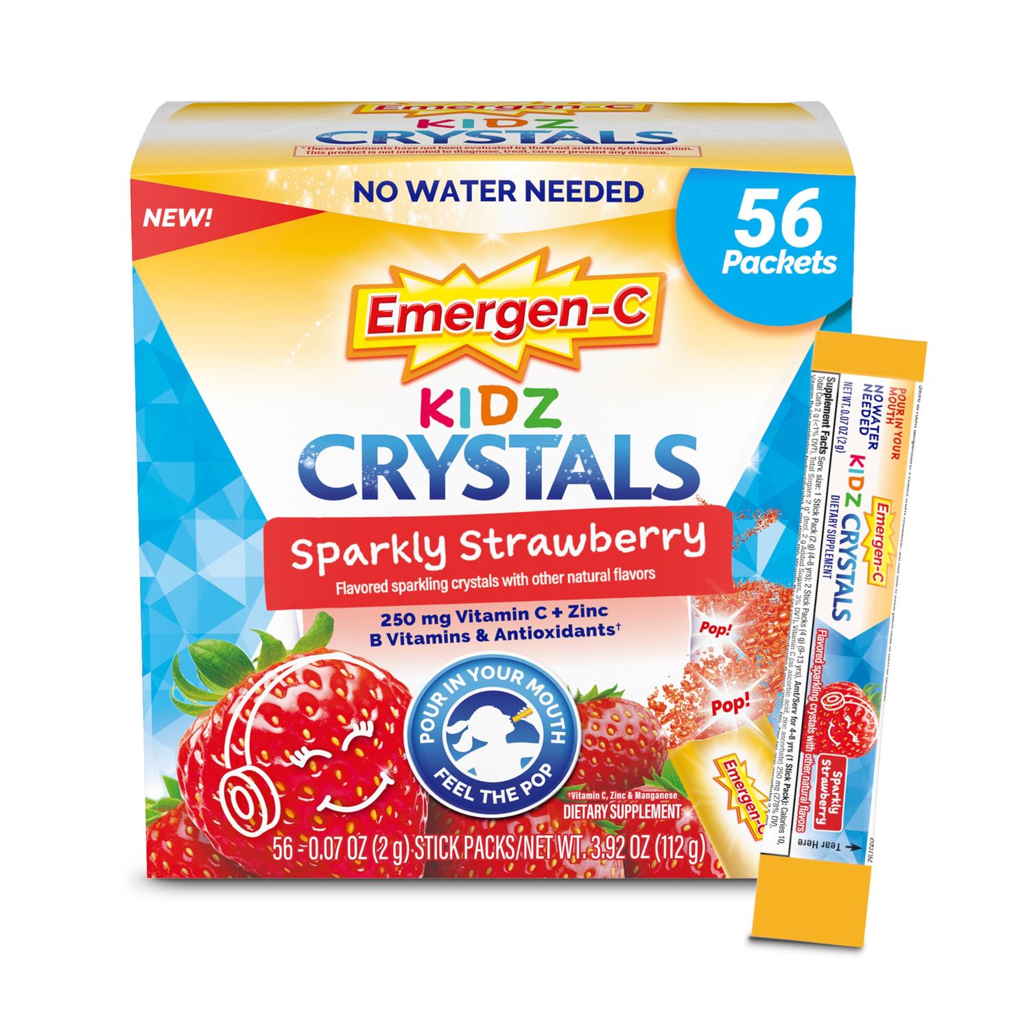 Emergen-C Kidz Crystals, Stocking Stuffer, On-the-Go Emergen-C Immune Support Supplement with Vitamin C, B Vitamins, Zinc and Manganese, Sparkly Strawberry - 56 Stick Packs