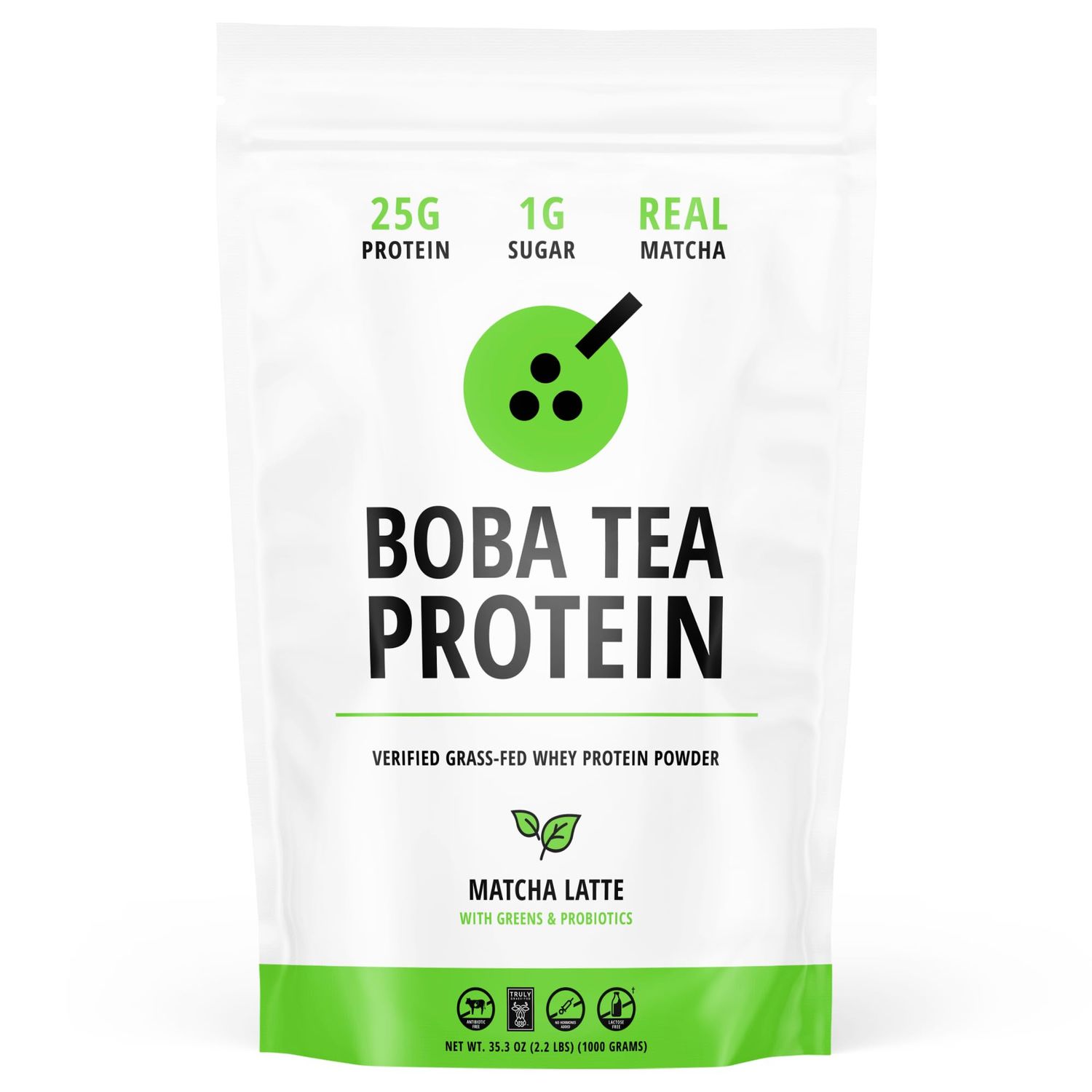 Boba Tea Protein Matcha Latte | 25g Grass-Fed Whey Protein Isolate Powder | Gluten-Free &amp; Soy-Free Bubble Tea Protein Drink | Real Ingredients &amp; Lactose-Free Protein Drink | 25 Servings
