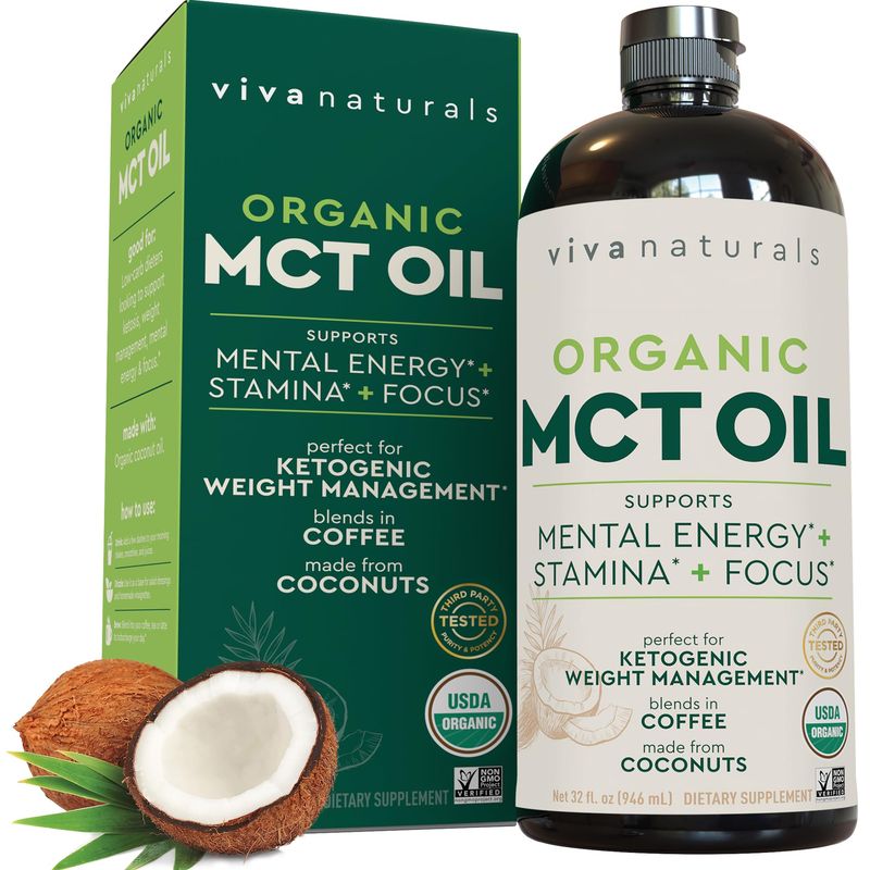 Viva Naturals Organic MCT Oil 32 fl oz - Best MCT Oil Organic for Coffee, MCT Coconut Oil Supports Energy &amp; Mental Clarity, USDA Organic, Non-GMO, Paleo &amp; Keto Certified, MCT Wellness